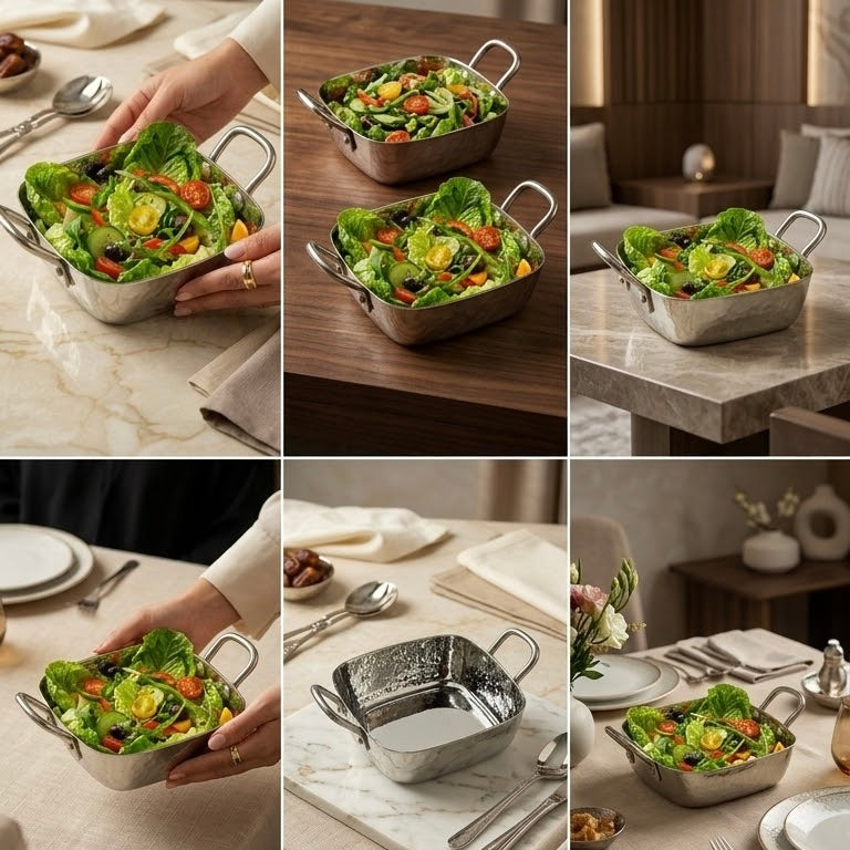 Square Stainless Steel Salad & Serving Bowl with Handles (M– 14 cm)
