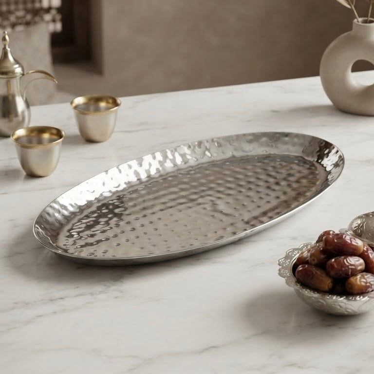 Hammered Stainless Steel Oval Dessert Serving Tray (Medium – 31 cm)