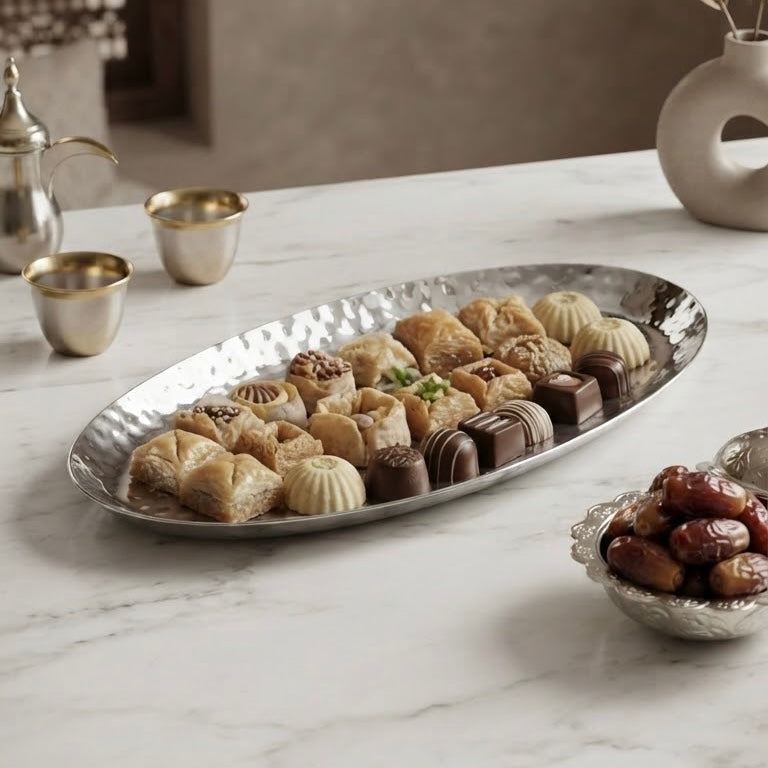 Hammered Stainless Steel Oval Dessert Serving Tray (Medium – 31 cm)