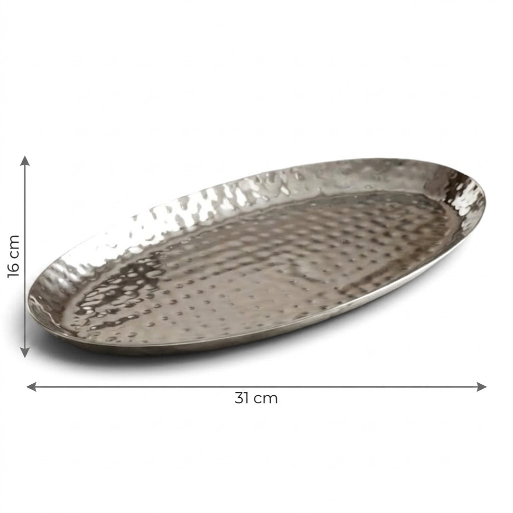 Hammered Stainless Steel Oval Dessert Serving Tray (Medium – 31 cm)