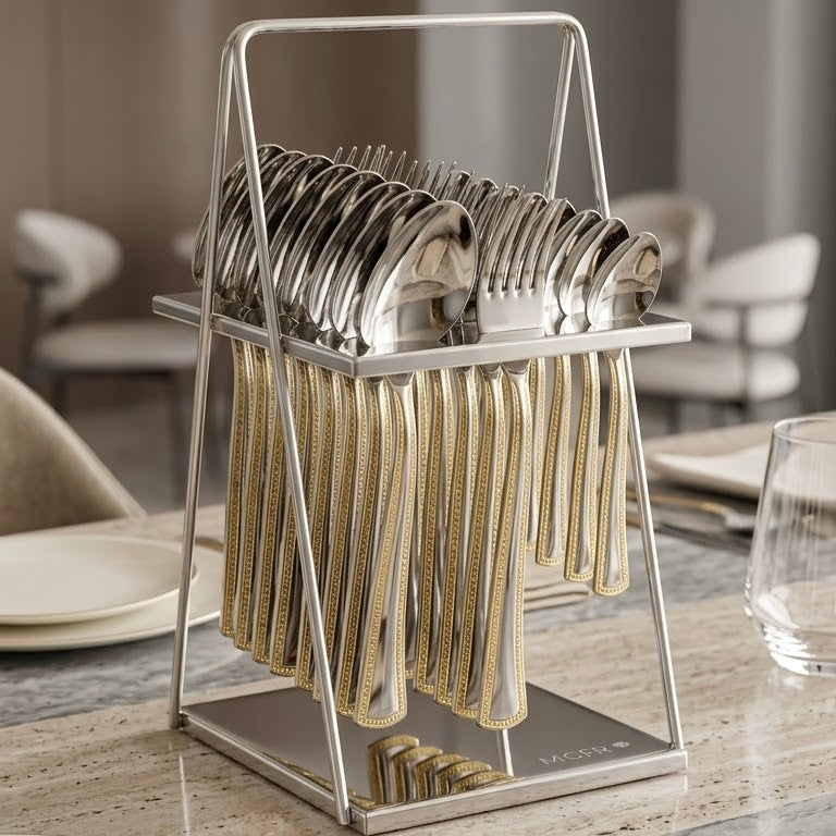 MGFR 24-Piece Stainless Steel Cutlery Set with Standing Rack (Gold Trim)