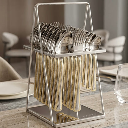MGFR 24-Piece Stainless Steel Cutlery Set with Standing Rack (Gold Trim)