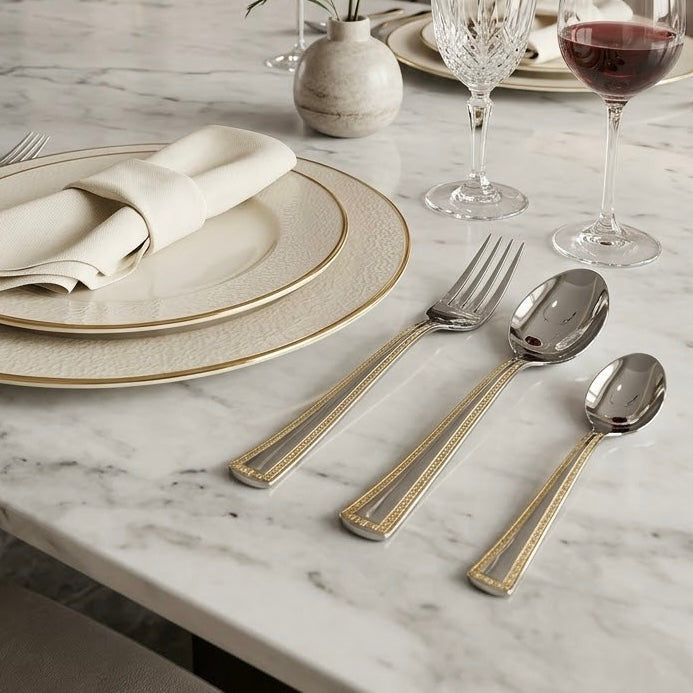MGFR 24-Piece Stainless Steel Cutlery Set with Standing Rack (Gold Trim)