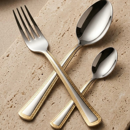 MGFR 24-Piece Stainless Steel Cutlery Set with Standing Rack (Gold Trim)