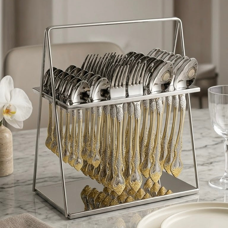 MGFR 24-Piece Stainless Steel Cutlery Set with Standing Rack (Classic Baroque Gold-Tone)
