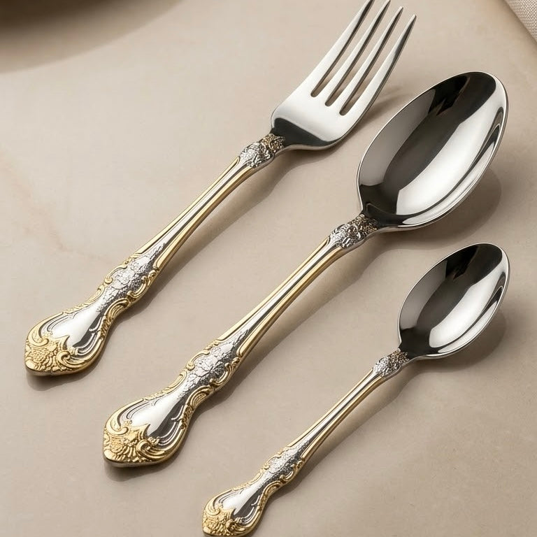 MGFR 24-Piece Stainless Steel Cutlery Set with Standing Rack (Classic Baroque Gold-Tone)