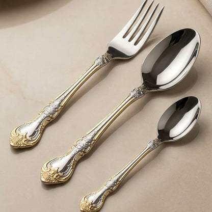 MGFR 24-Piece Stainless Steel Cutlery Set with Standing Rack (Classic Baroque Gold-Tone)
