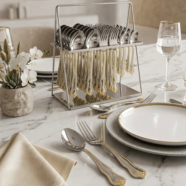 MGFR 24-Piece Stainless Steel Cutlery Set with Standing Rack (Gold Beaded Rim)
