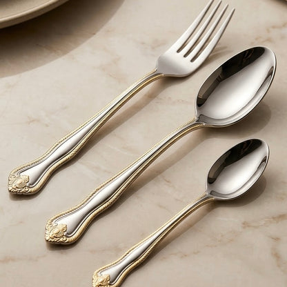 MGFR 24-Piece Stainless Steel Cutlery Set with Standing Rack (Gold Beaded Rim)
