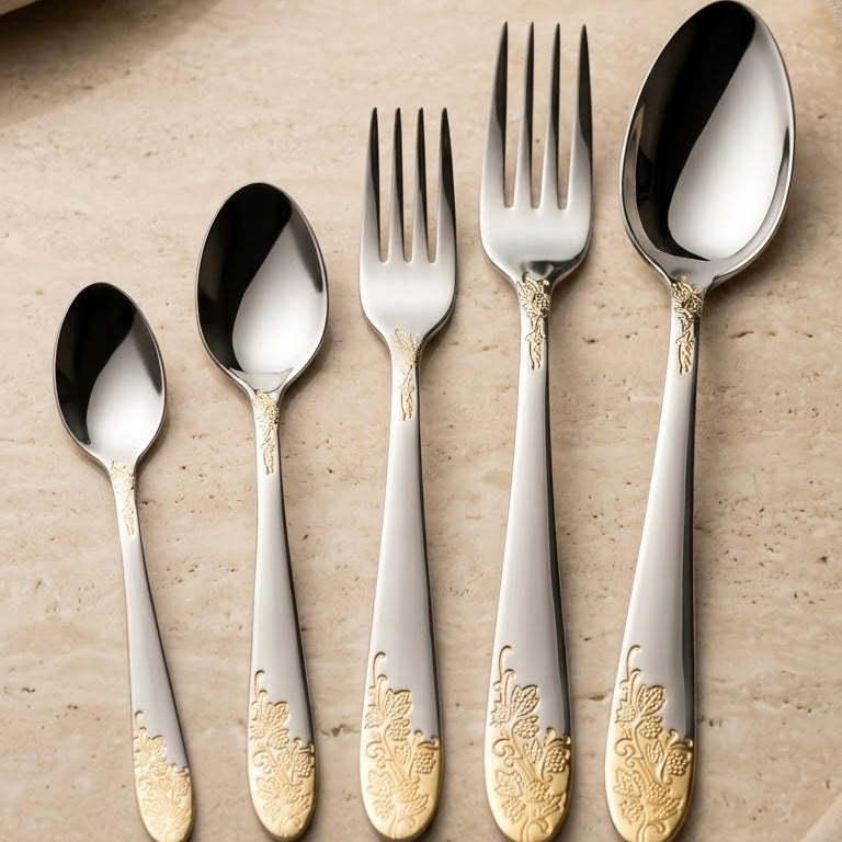 AlpenBerg 74-Piece Stainless Steel Cutlery Set (Gold Floral Embossing)