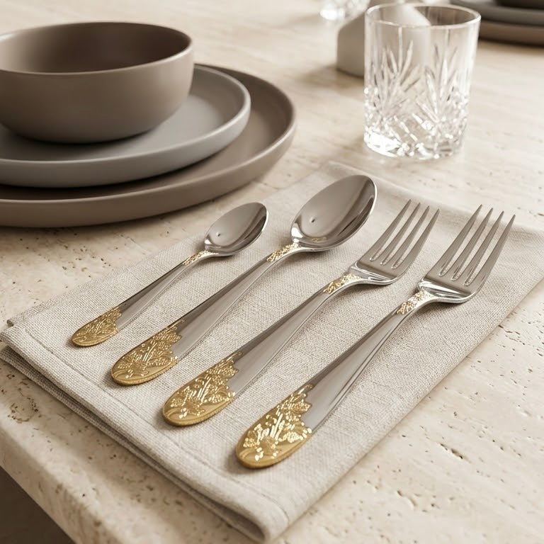AlpenBerg 74-Piece Stainless Steel Cutlery Set (Gold Floral Embossing)