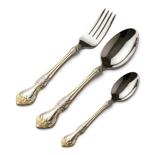 MGFR 24-Piece Stainless Steel Cutlery Set with Standing Rack (Classic Baroque Gold-Tone)