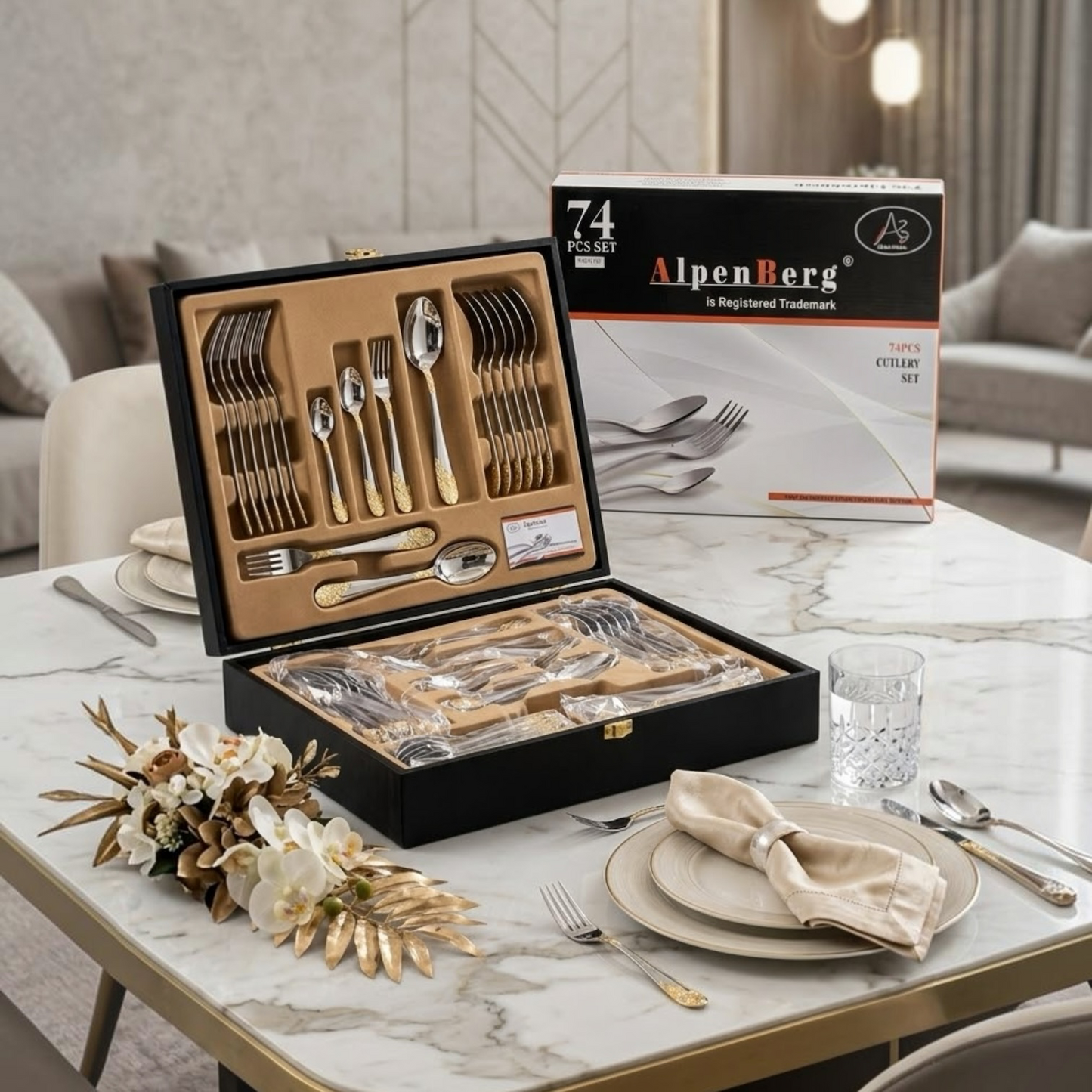 AlpenBerg 74-Piece Stainless Steel Cutlery Set (Gold Floral Embossing)