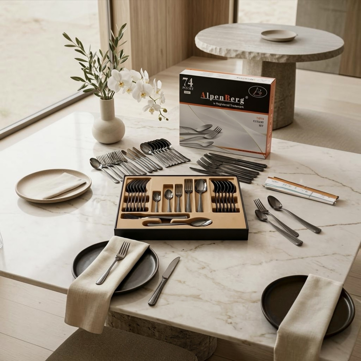 AlpenBerg 74-Piece Premium Dark Stainless Steel Cutlery Set