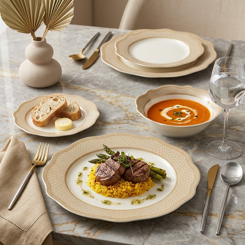Royal Geometric Gold Lattice Porcelain Dinner Set – 24 Pcs (Service for 6)