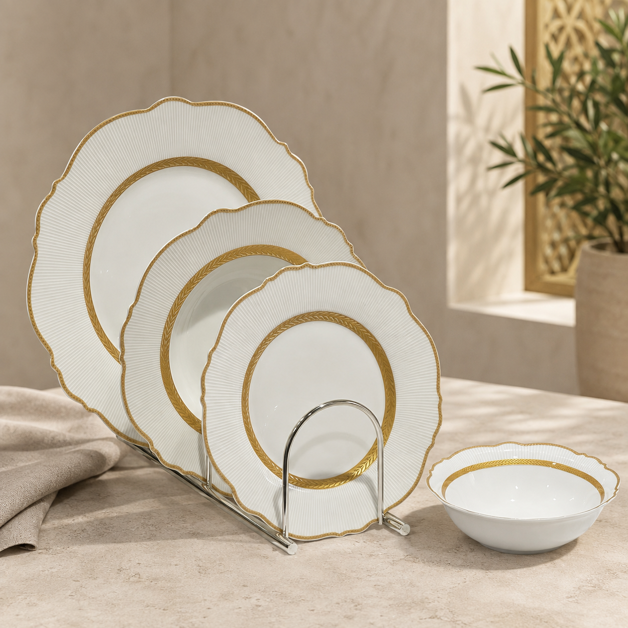 Royal Fluted Porcelain Dinner Set with Gold Rim – 24 Pcs (Service for 6)