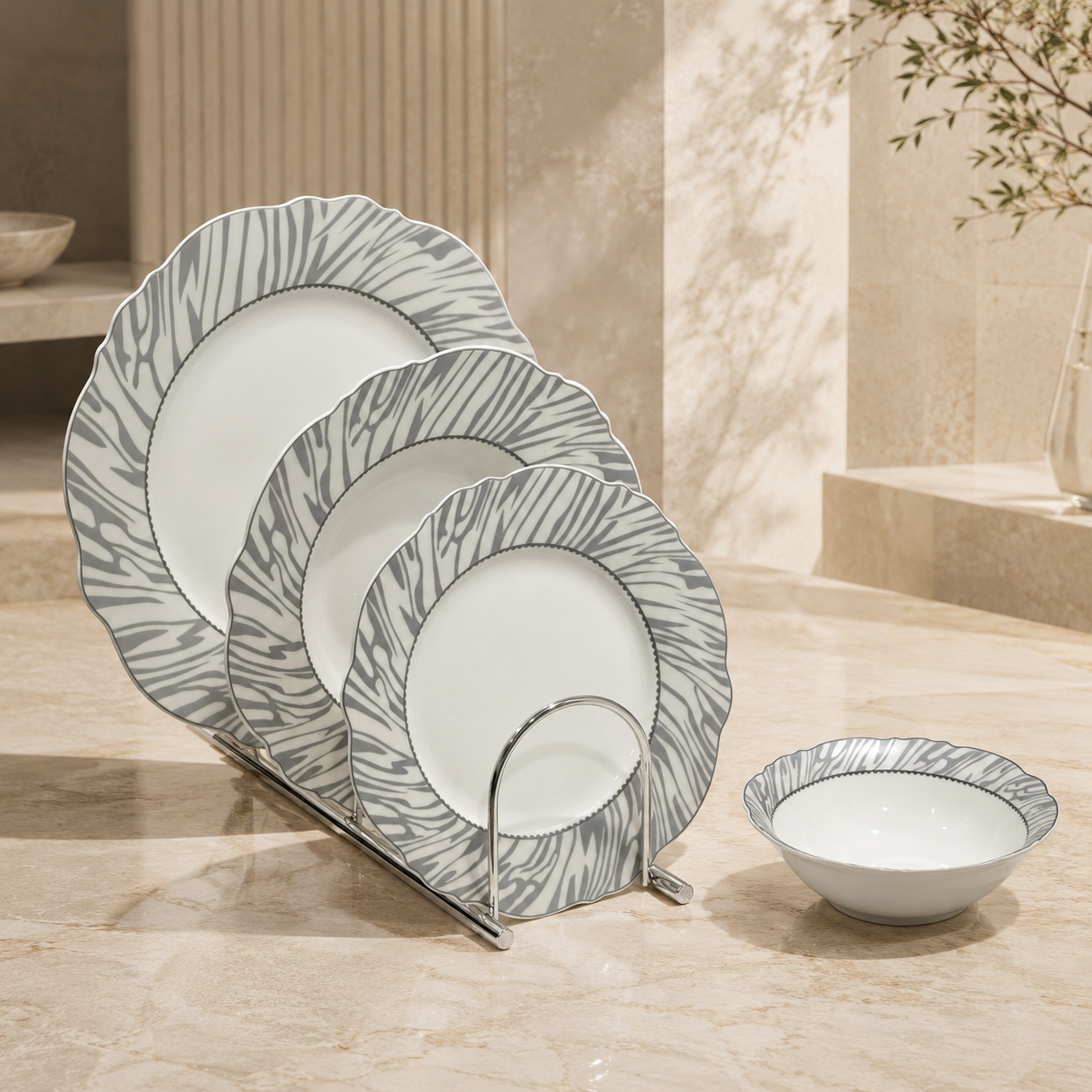 Contemporary Grey Zebra-Pattern Porcelain Dinner Set – 24 Pcs (Service for 6)