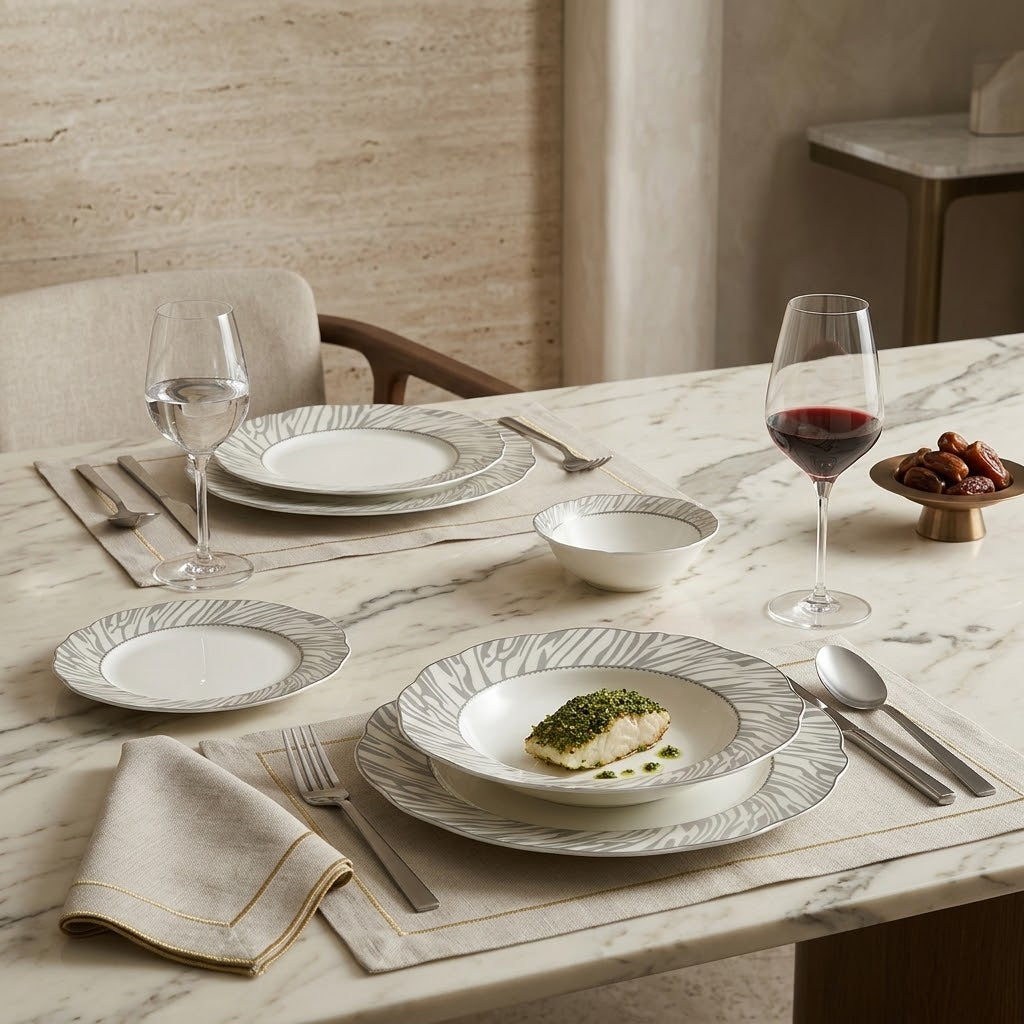 Contemporary Grey Zebra-Pattern Porcelain Dinner Set – 24 Pcs (Service for 6)