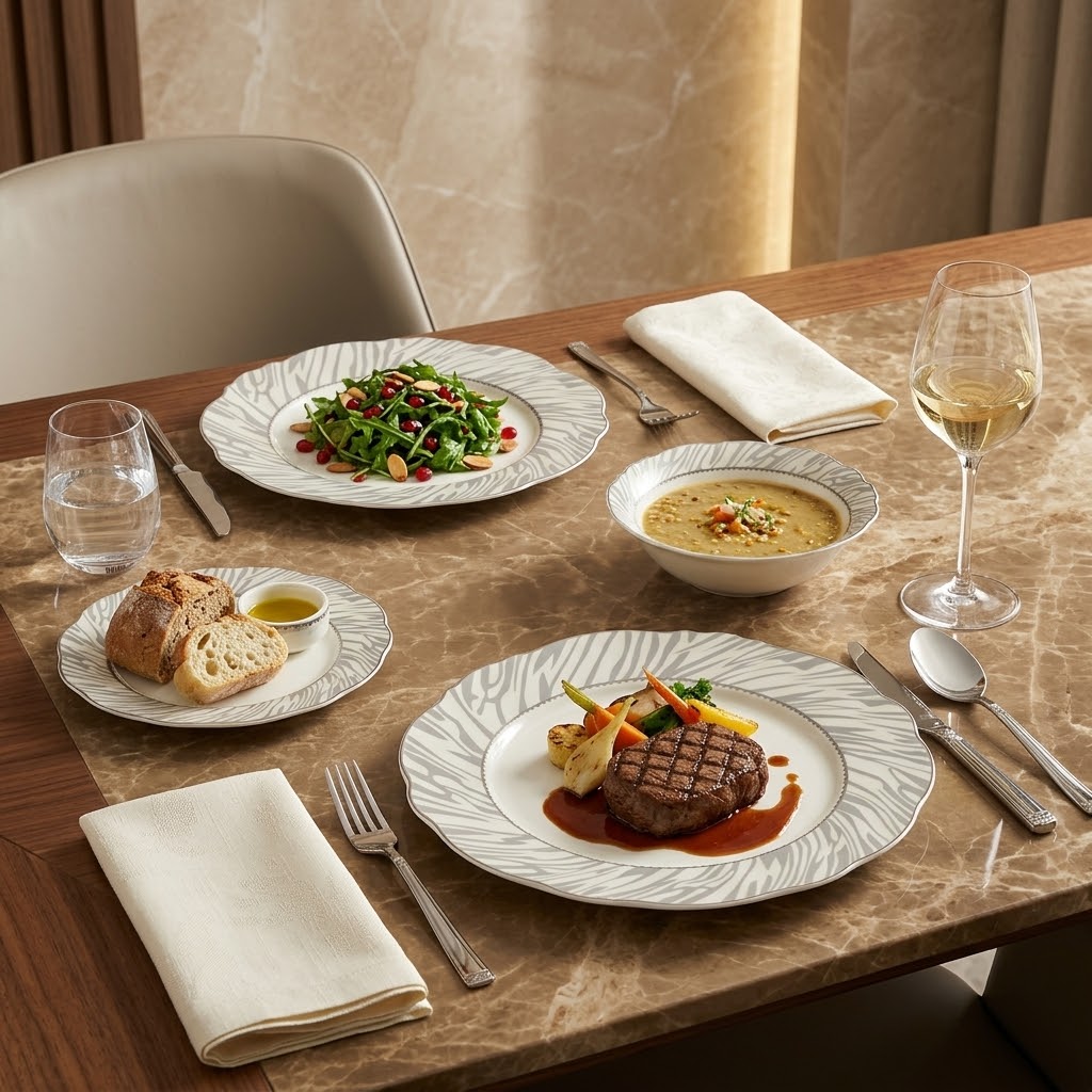 Contemporary Grey Zebra-Pattern Porcelain Dinner Set – 24 Pcs (Service for 6)