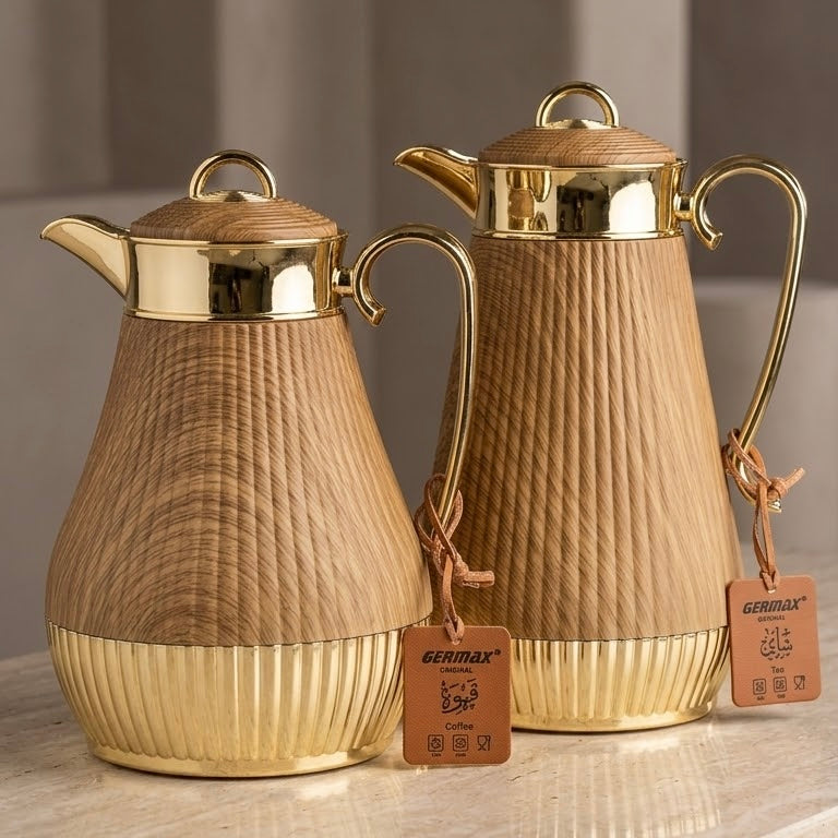 Germax Wood Grain & Gold Tea and Coffee Flask Set (1.0 L + 0.75 L)