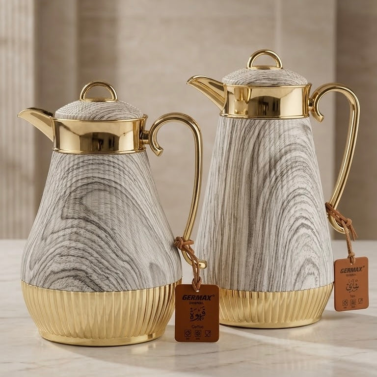 Germax Grey Marble Wood Grain & Gold Tea and Coffee Flask Set (1.0 L + 0.75 L)