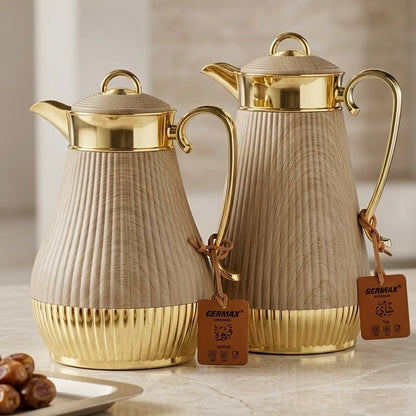 Germax Light Wood Grain & Gold Tea and Coffee Flask Set (1.0 L + 0.75 L)