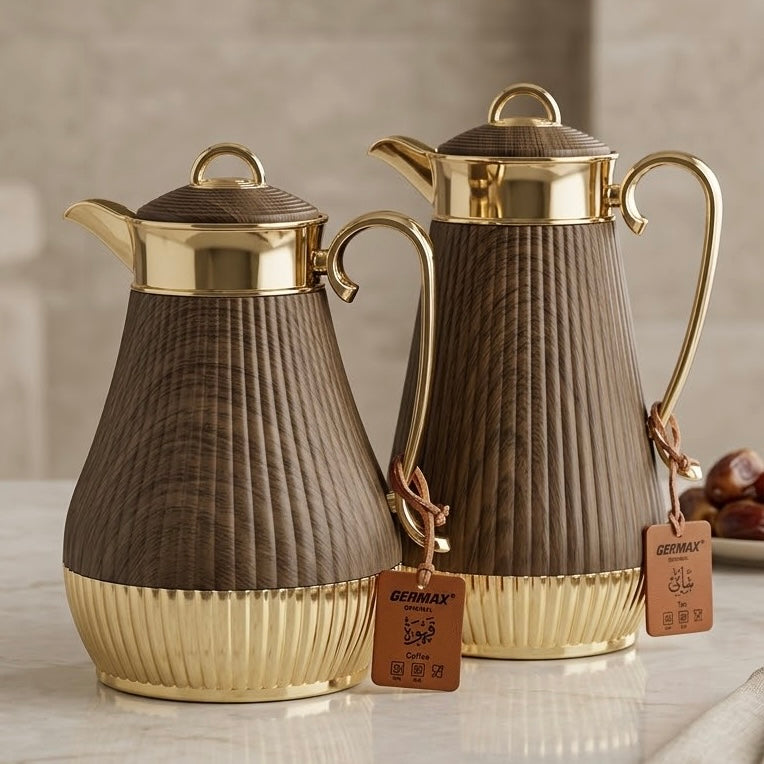 Germax Dark Wood Grain & Gold Tea and Coffee Flask Set (1.0 L + 0.75 L)