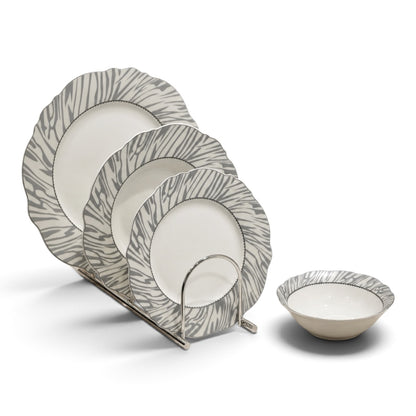 Contemporary Grey Zebra-Pattern Porcelain Dinner Set – 24 Pcs (Service for 6)