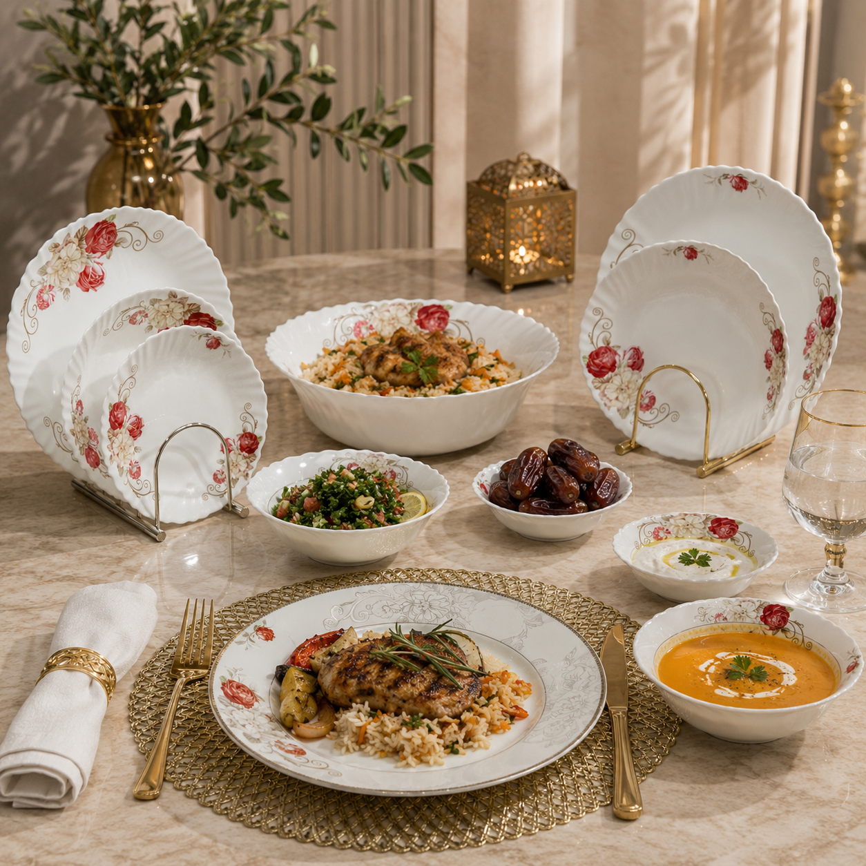 Germax Royal Scalloped Red Floral Banquet Dinnerware Set (39 Pcs)