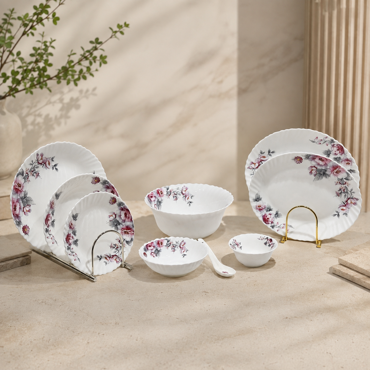 Germax Elegant Scalloped Pink Floral Banquet Dinnerware Set (39 Pc