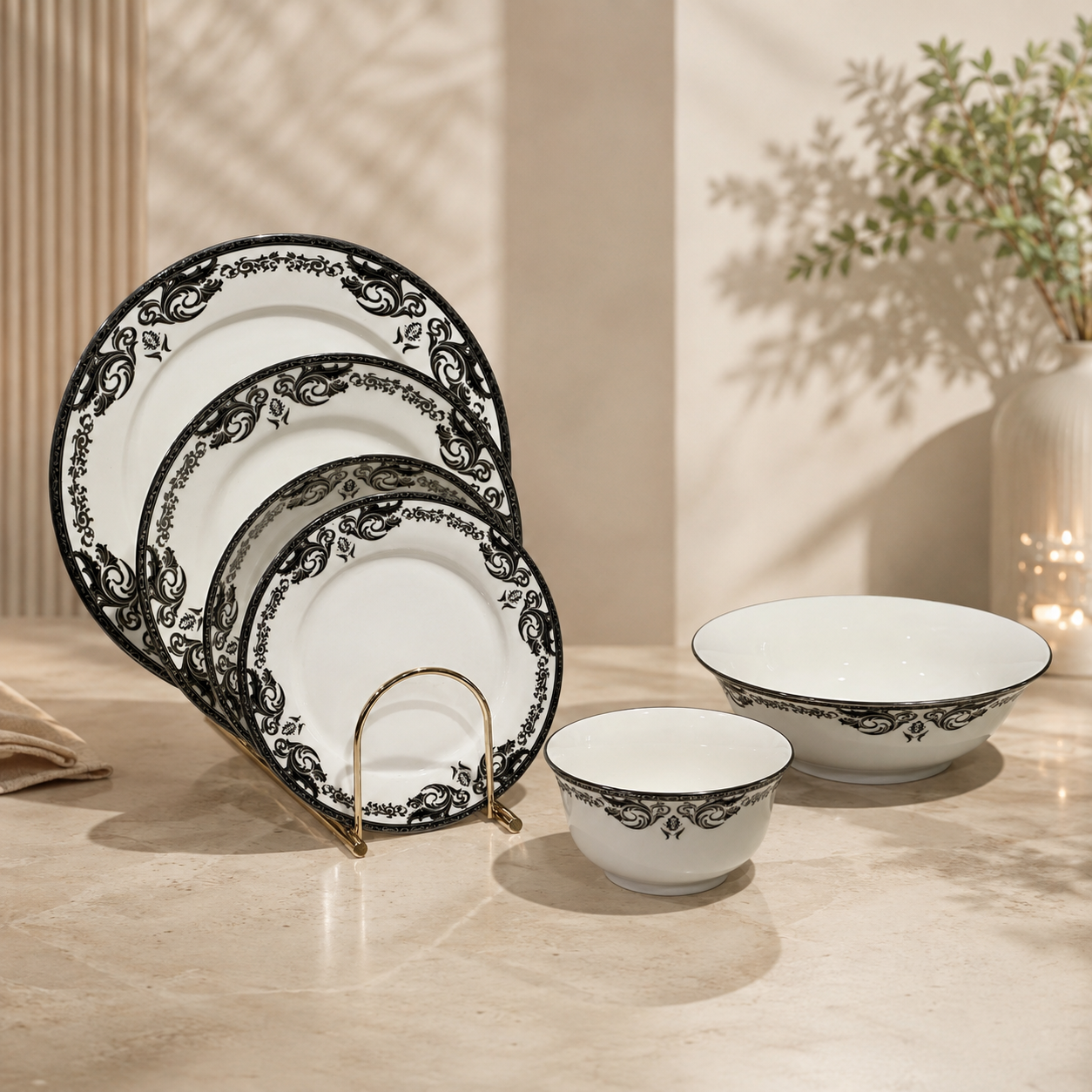 Royal Black Baroque Floral Porcelain Dinner Set – 26 Pcs (Service for 6)