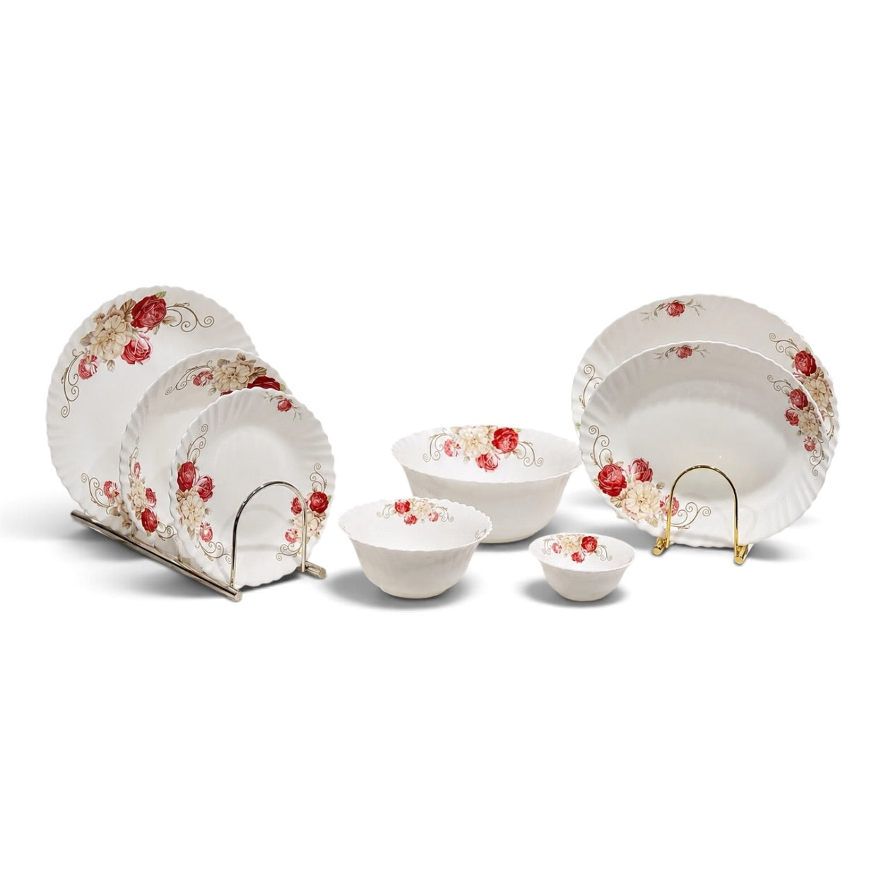 Germax Royal Scalloped Red Floral Banquet Dinnerware Set (39 Pcs)