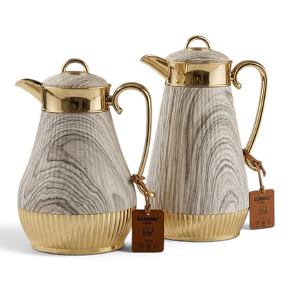 Germax Grey Marble Wood Grain & Gold Tea and Coffee Flask Set (1.0 L + 0.75 L)