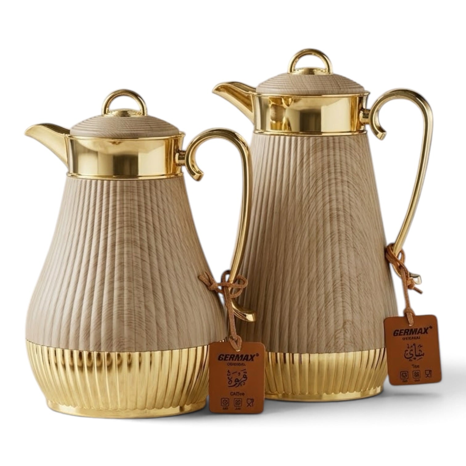Germax Light Wood Grain & Gold Tea and Coffee Flask Set (1.0 L + 0.75 L)