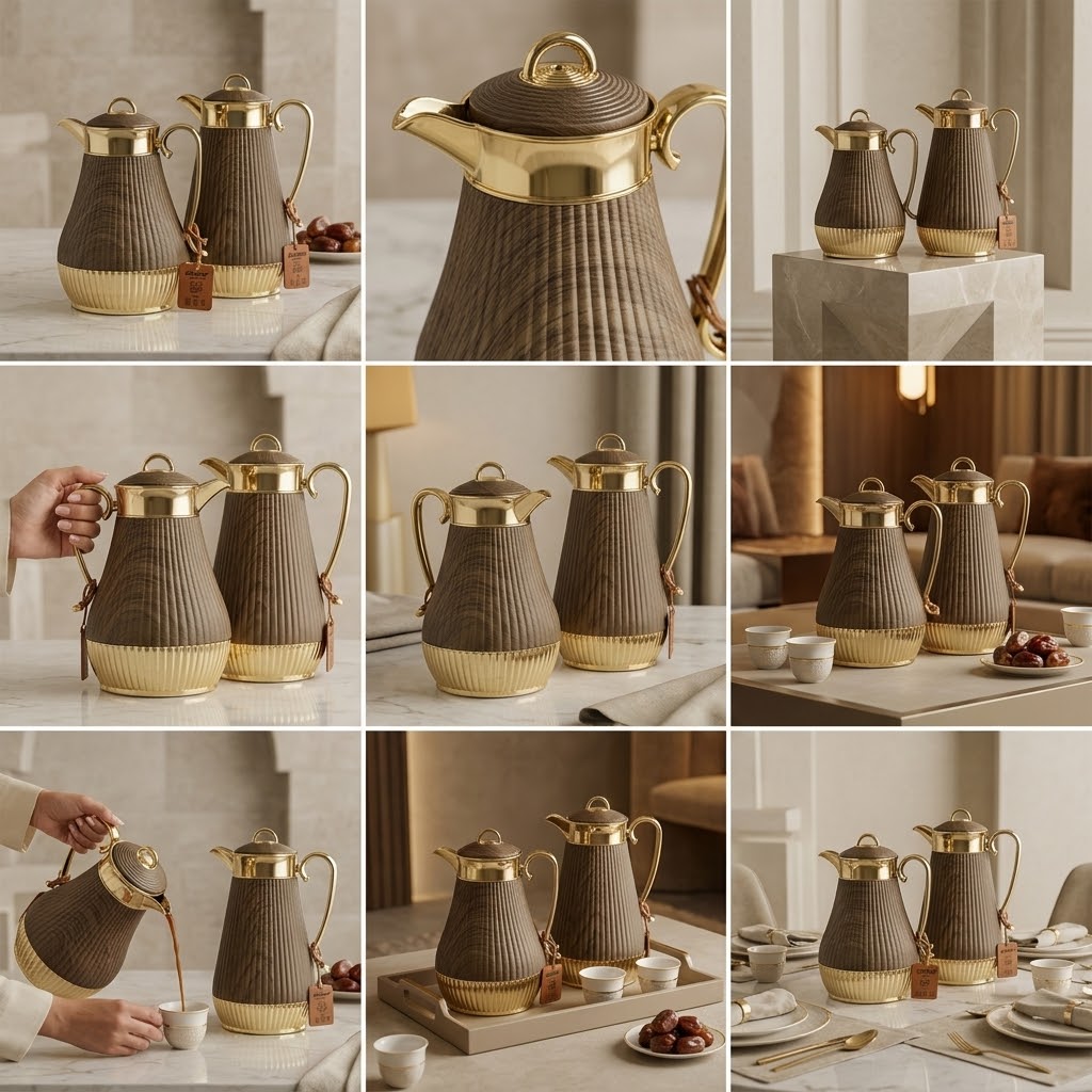 Germax Dark Wood Grain & Gold Tea and Coffee Flask Set (1.0 L + 0.75 L)