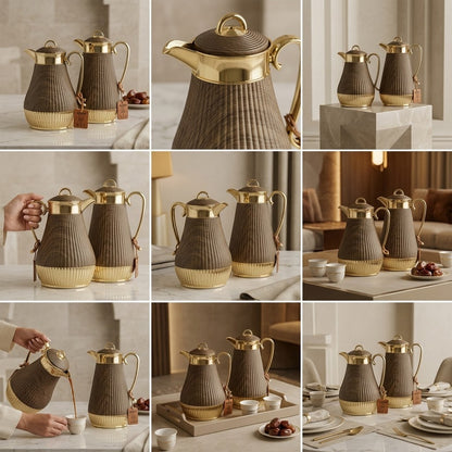 Germax Dark Wood Grain & Gold Tea and Coffee Flask Set (1.0 L + 0.75 L)