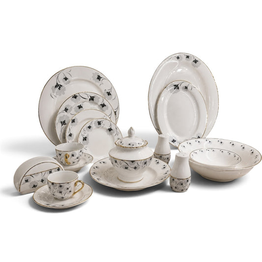 Grand Banquet Porcelain Dinner Service Set with Gold Trim & Platters – 57 Pcs - Mawaeen