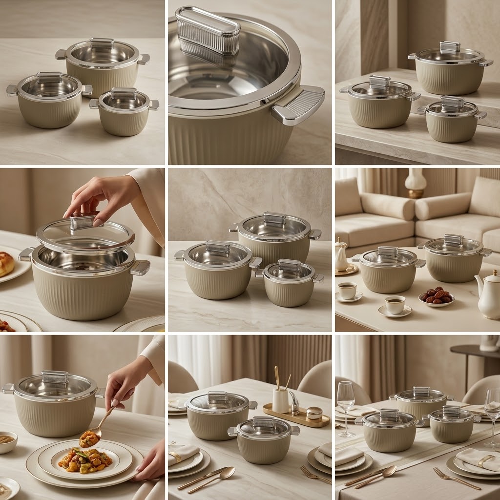 Luxury Fluted Thermal Hot Pot Set (3 Pcs) – Stone Grey / Taupe (1.5L, 3.0L, 5.5L)