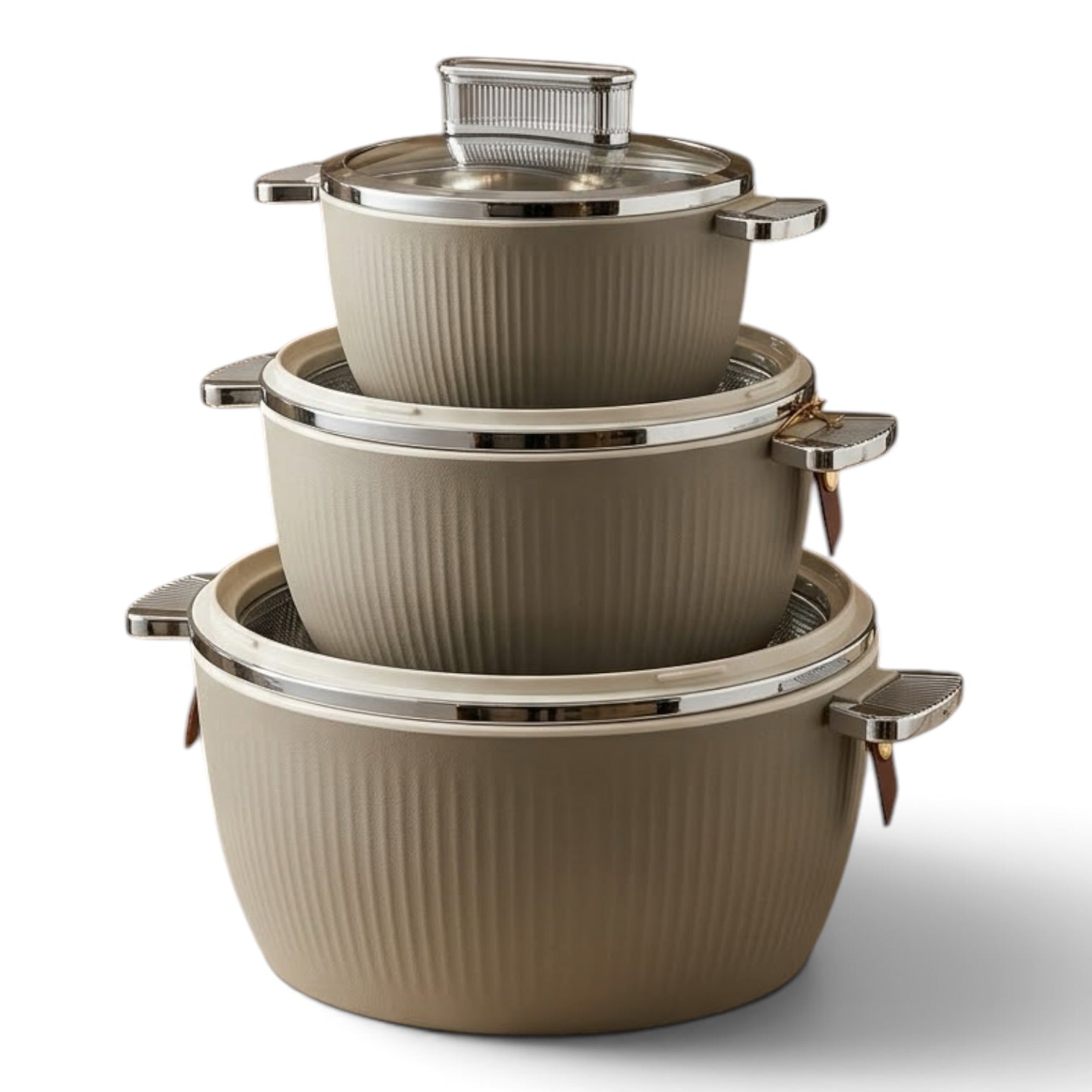 Luxury Fluted Thermal Hot Pot Set (3 Pcs) – Stone Grey / Taupe (1.5L, 3.0L, 5.5L)
