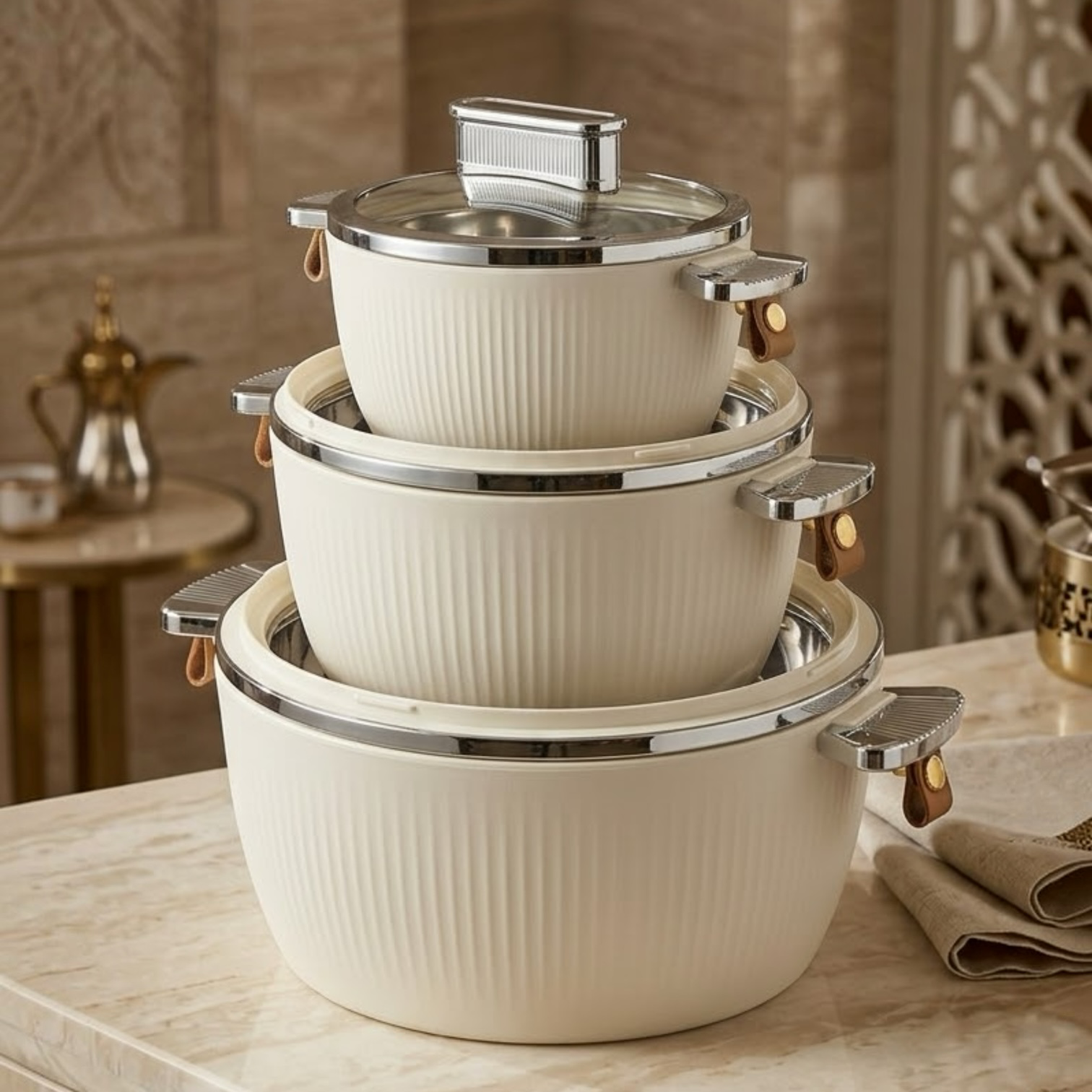 Luxury Fluted Thermal Hot Pot Set (3 Pcs) – Ivory Off-White (1.5L, 3.0L, 5.5L)