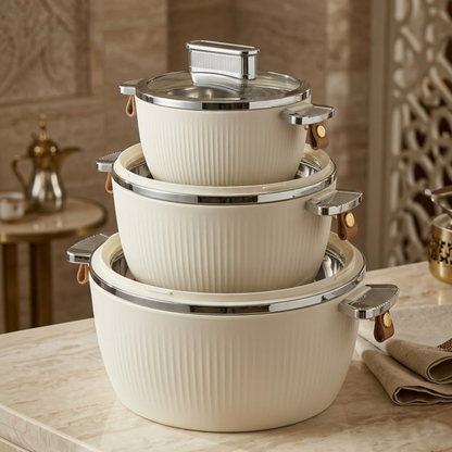 Luxury Fluted Thermal Hot Pot Set (3 Pcs) – Ivory Off-White (1.5L, 3.0L, 5.5L)