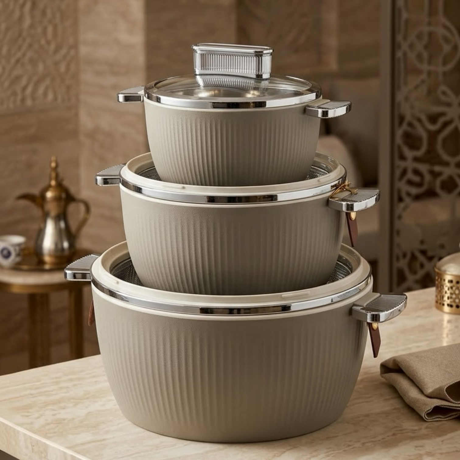 Luxury Fluted Thermal Hot Pot Set (3 Pcs) – Stone Grey / Taupe (1.5L, 3.0L, 5.5L)