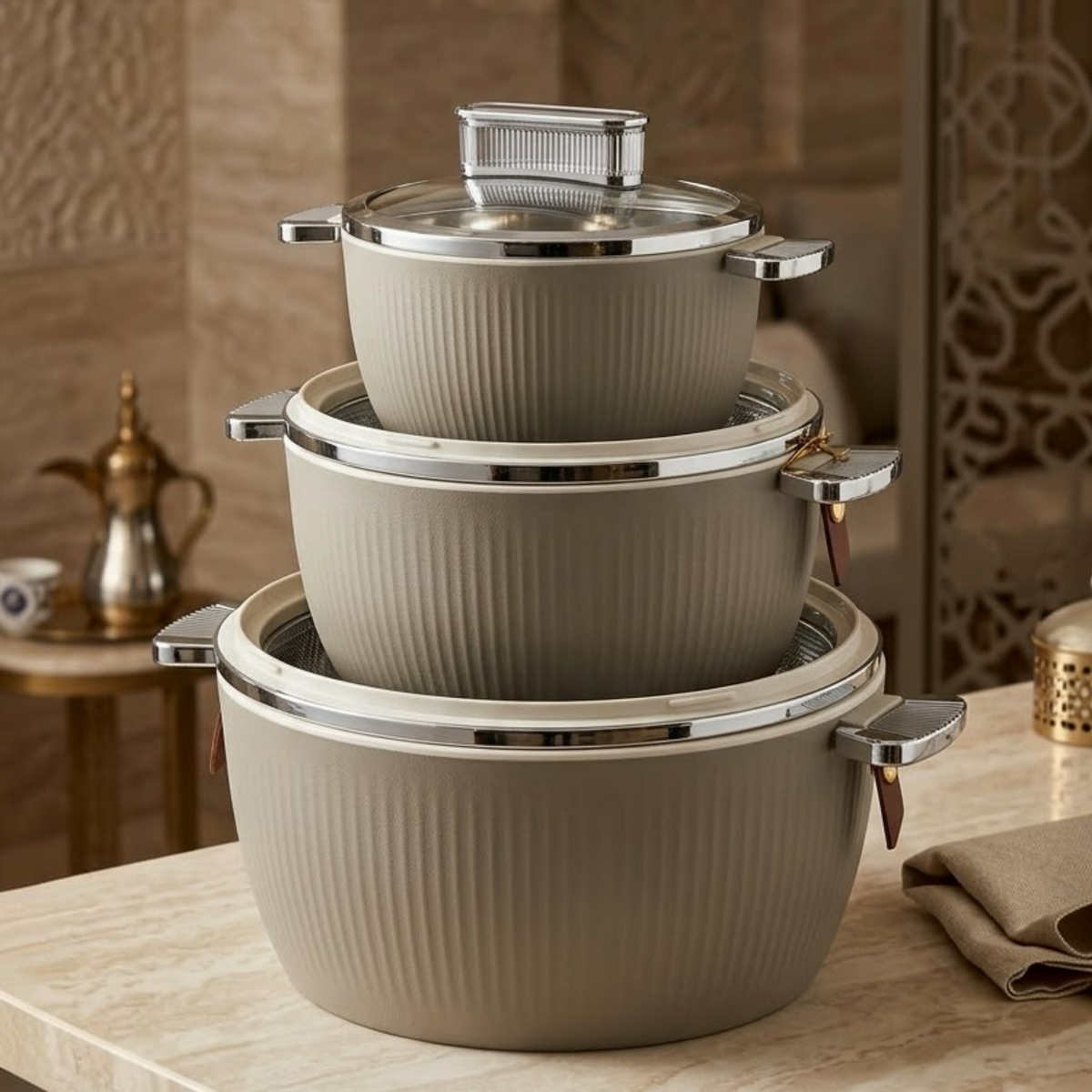 Luxury Fluted Thermal Hot Pot Set (3 Pcs) – Stone Grey / Taupe (1.5L, 3.0L, 5.5L)