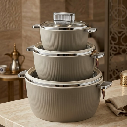 Luxury Fluted Thermal Hot Pot Set (3 Pcs) – Stone Grey / Taupe (1.5L, 3.0L, 5.5L)