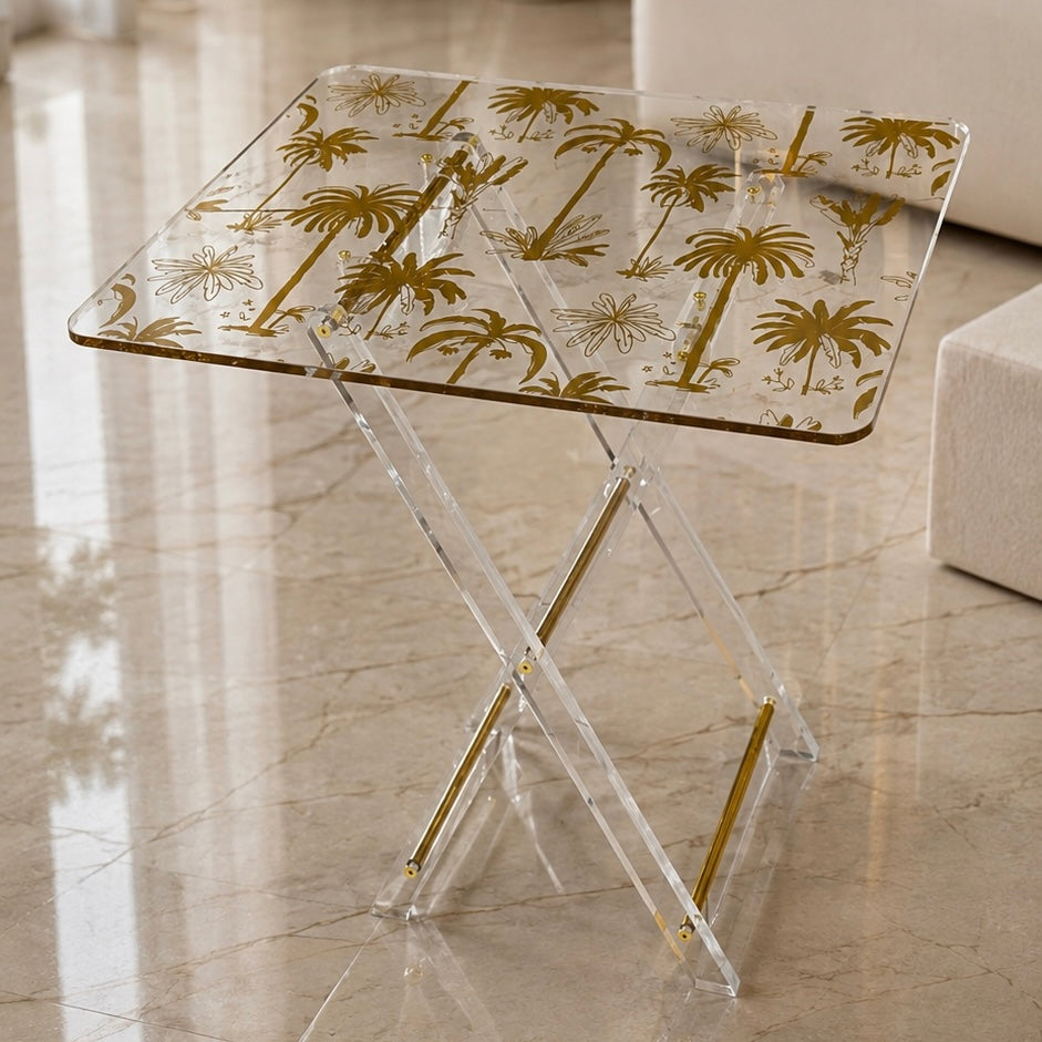 Luxury Acrylic Folding Service Table Set with Gold Nakhla Pattern & Stand – 4 Pieces