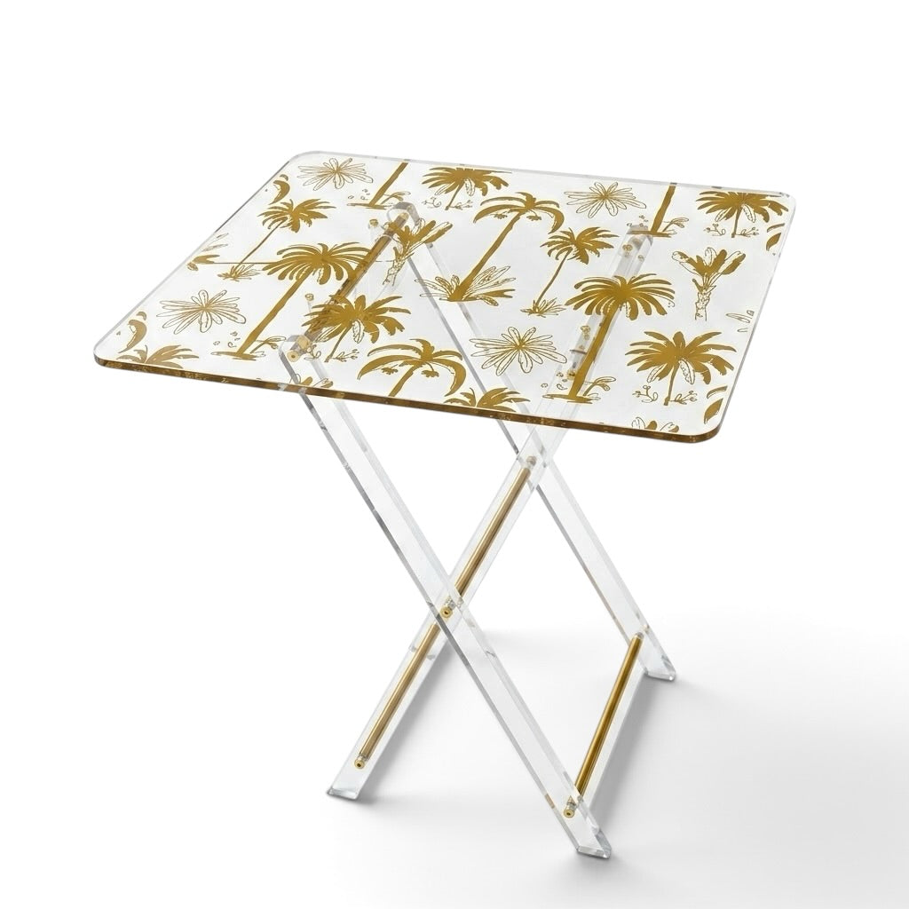 Luxury Acrylic Folding Service Table Set with Gold Nakhla Pattern & Stand – 4 Pieces