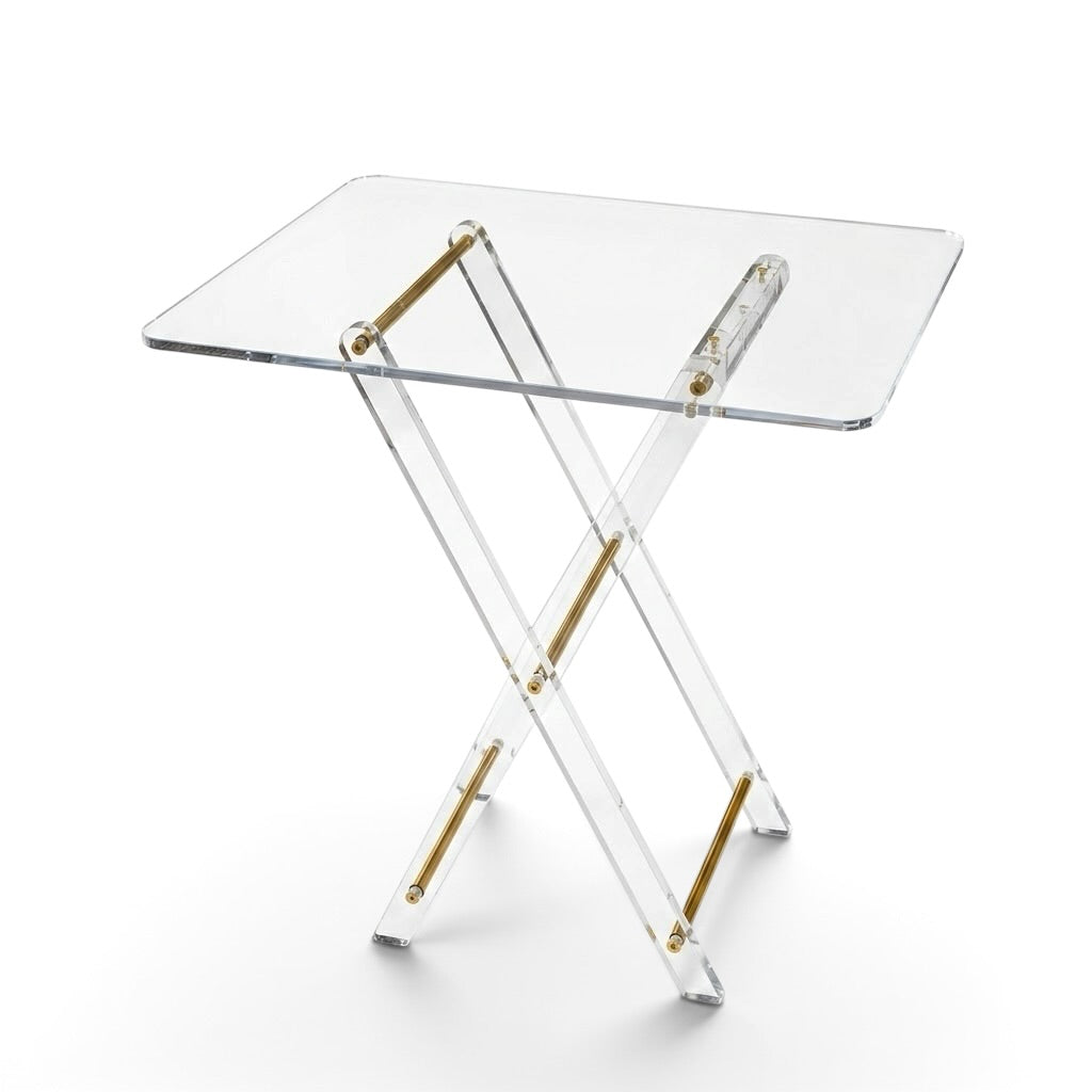 Modern Ultra-Clear Acrylic Folding Side Table Set with Gold Accents & Stand – 4 Pieces
