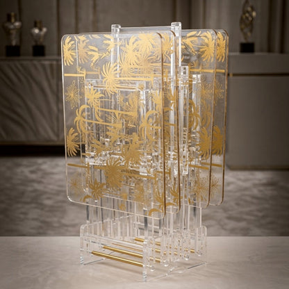 Luxury Acrylic Folding Service Table Set with Gold Nakhla Pattern & Stand – 4 Pieces