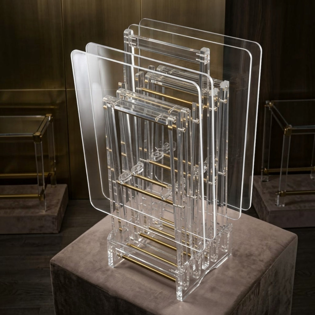 Modern Ultra-Clear Acrylic Folding Side Table Set with Gold Accents & Stand – 4 Pieces
