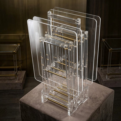 Modern Ultra-Clear Acrylic Folding Side Table Set with Gold Accents & Stand – 4 Pieces